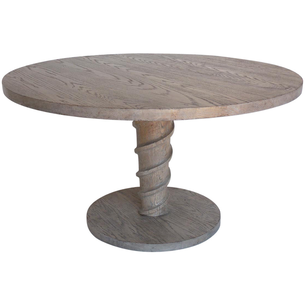 Custom Corkscrew Pedestal Table in Oak with Grey Ceruse