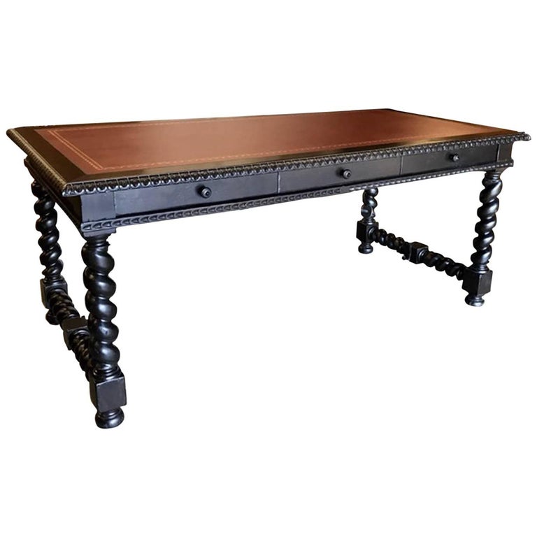 Custom Barley Twist Desk with Inlaid Leather Top